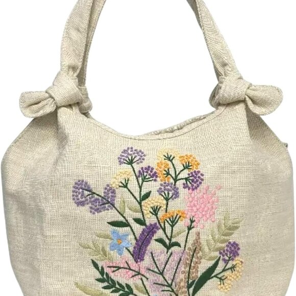 Embroidered Canvas Tote Bag Small Shoulder Handbag with Zipper for Women - Picture 1 of 8